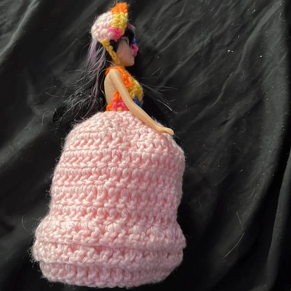Hand Crafted Pink & Rainbow Toilet Paper Cover Asian Doll Retro Collectible